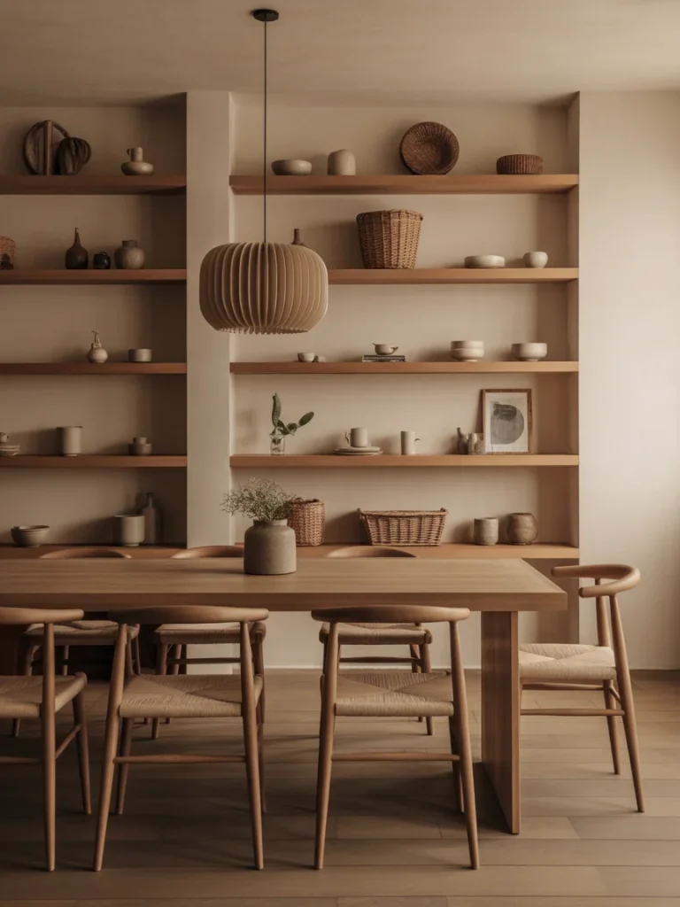 Dining room with open shelving displaying rustic decor and wooden furniture.