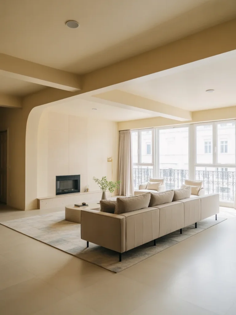 Open and airy living room with neutral tones, large windows, and modern sofa.