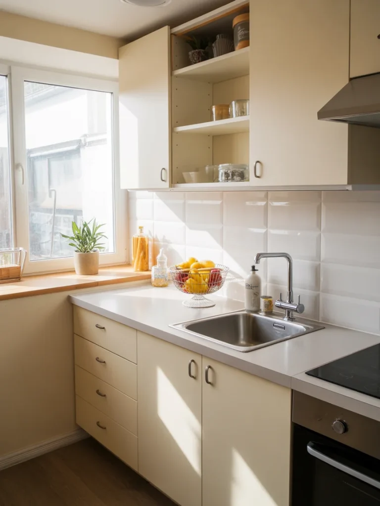 Small kitchen with single-bowl sink and compact countertop layout.