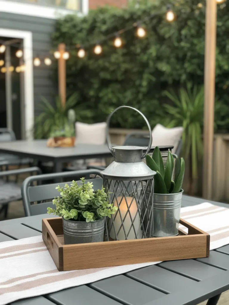 Outdoor spring centerpiece with lantern candle and potted greenery on a patio table tray.