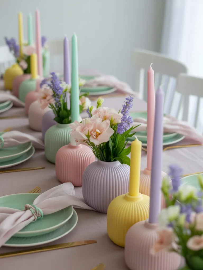 Pastel-themed spring table centerpieces with colorful candles and small floral arrangements in ribbed vases.
