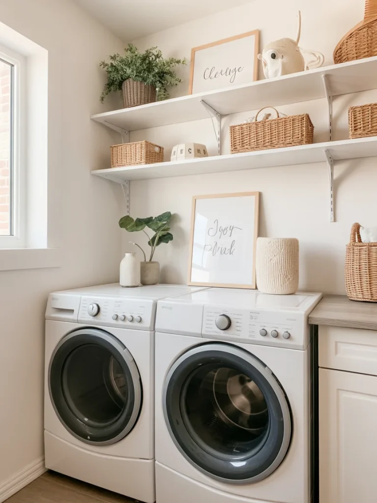 Laundry room with framed artwork and decorative signs on shelves above washer and dryer.
