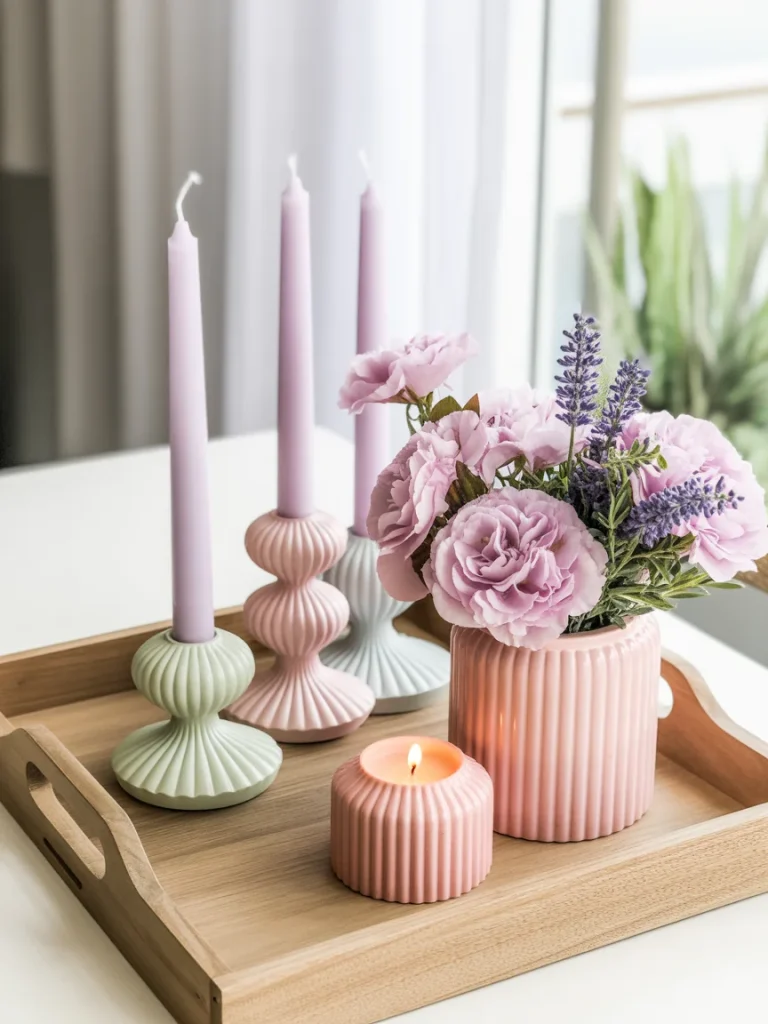 Pink and pastel spring tray with candles and floral arrangement.