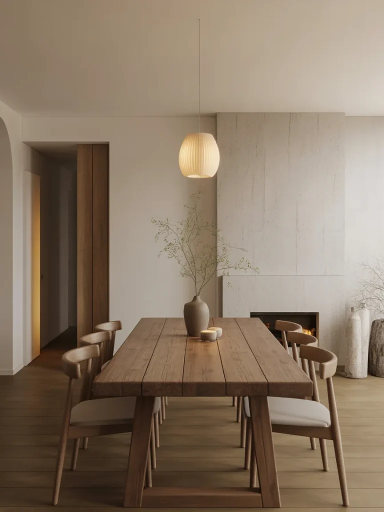 Reclaimed wood dining table in modern rustic dining room with neutral decor and minimalist styling.