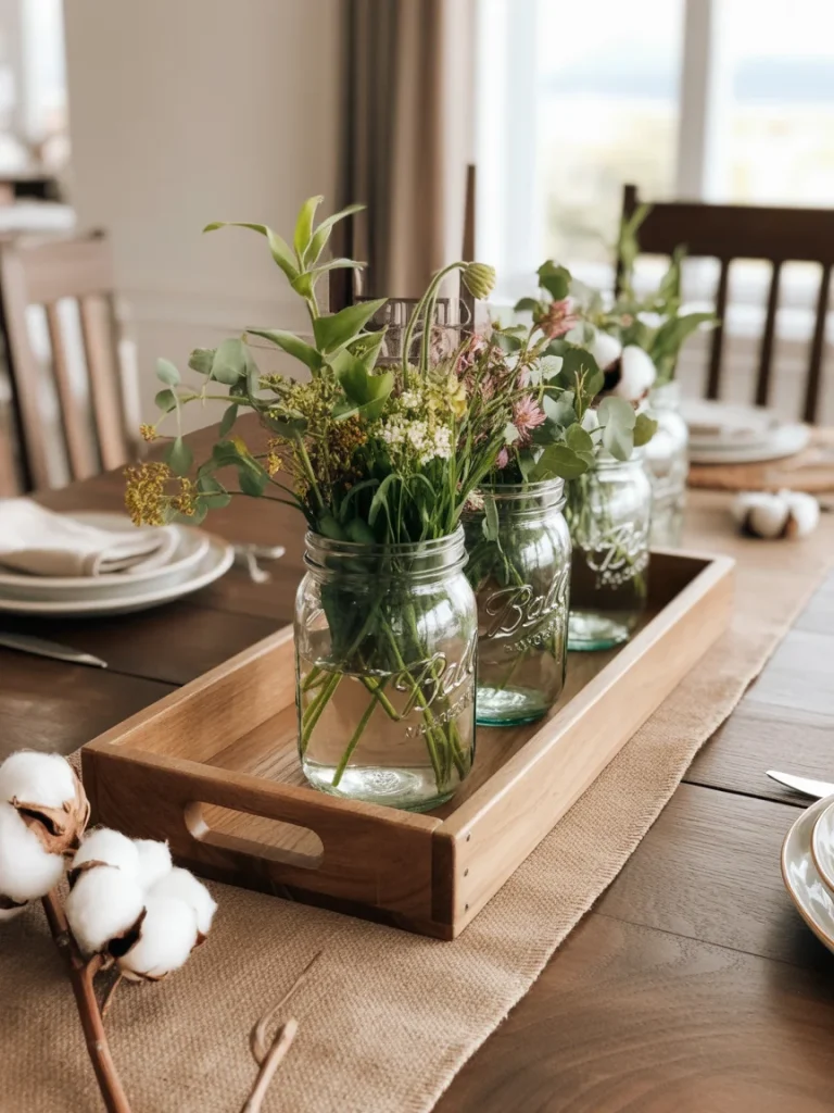 Rustic farmhouse spring centerpiece with mason jars filled with greenery arranged on a wooden tray.