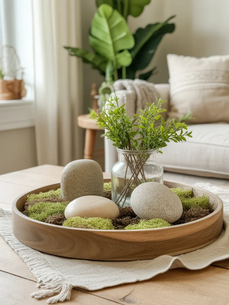 Rustic spring tray with greenery, moss, and decorative stones centerpiece.