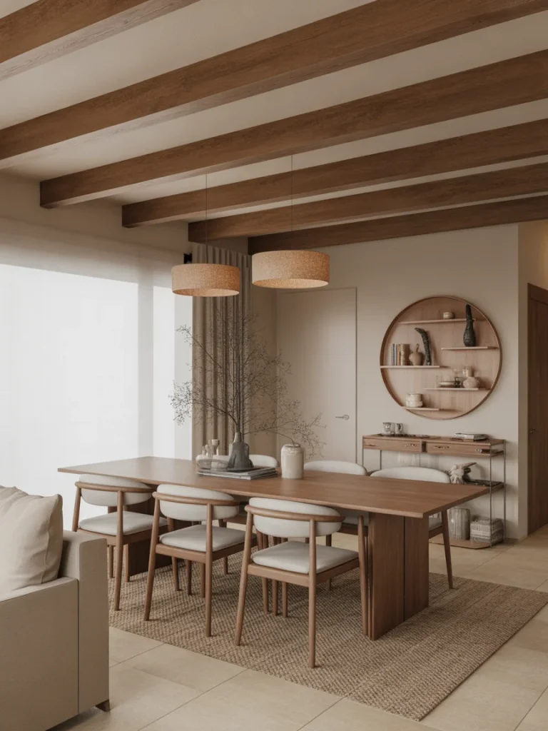 Dining room with rustic wooden ceiling beams, a wooden table, and neutral decor.