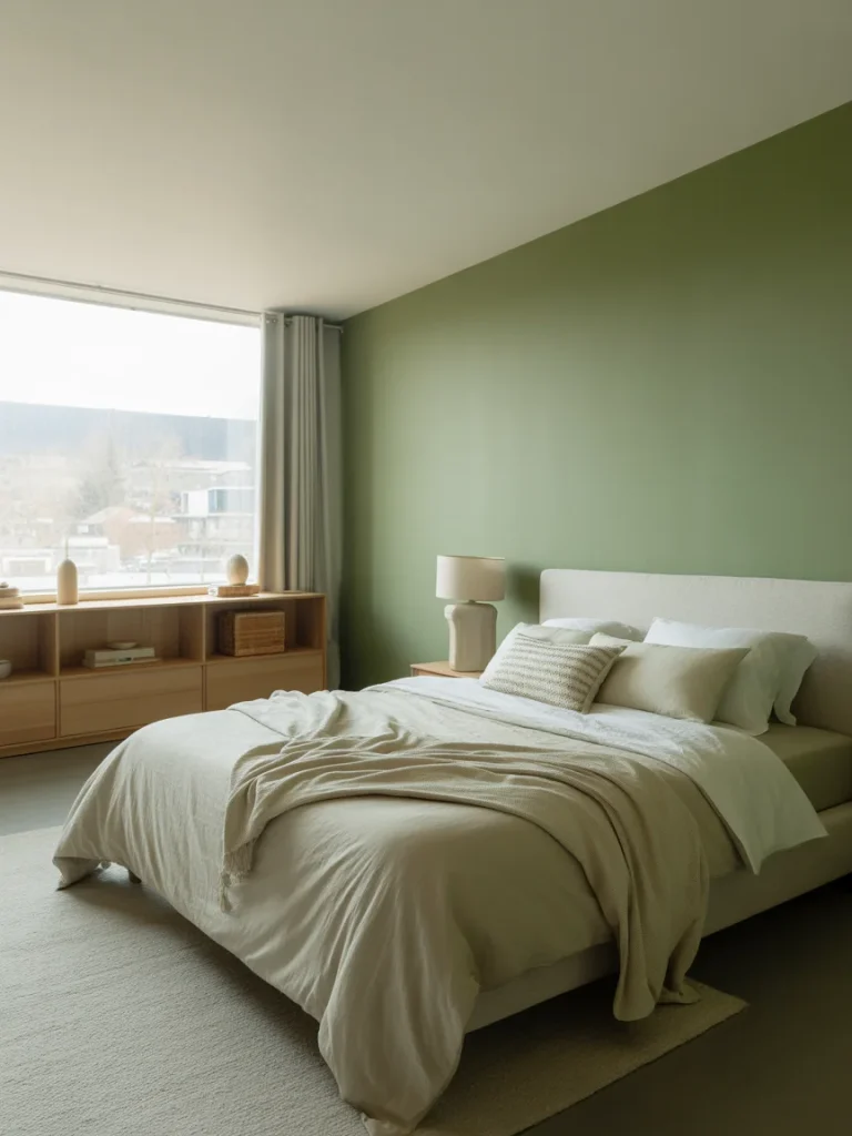 Bedroom with sage green walls, neutral bedding, and modern minimalist decor.