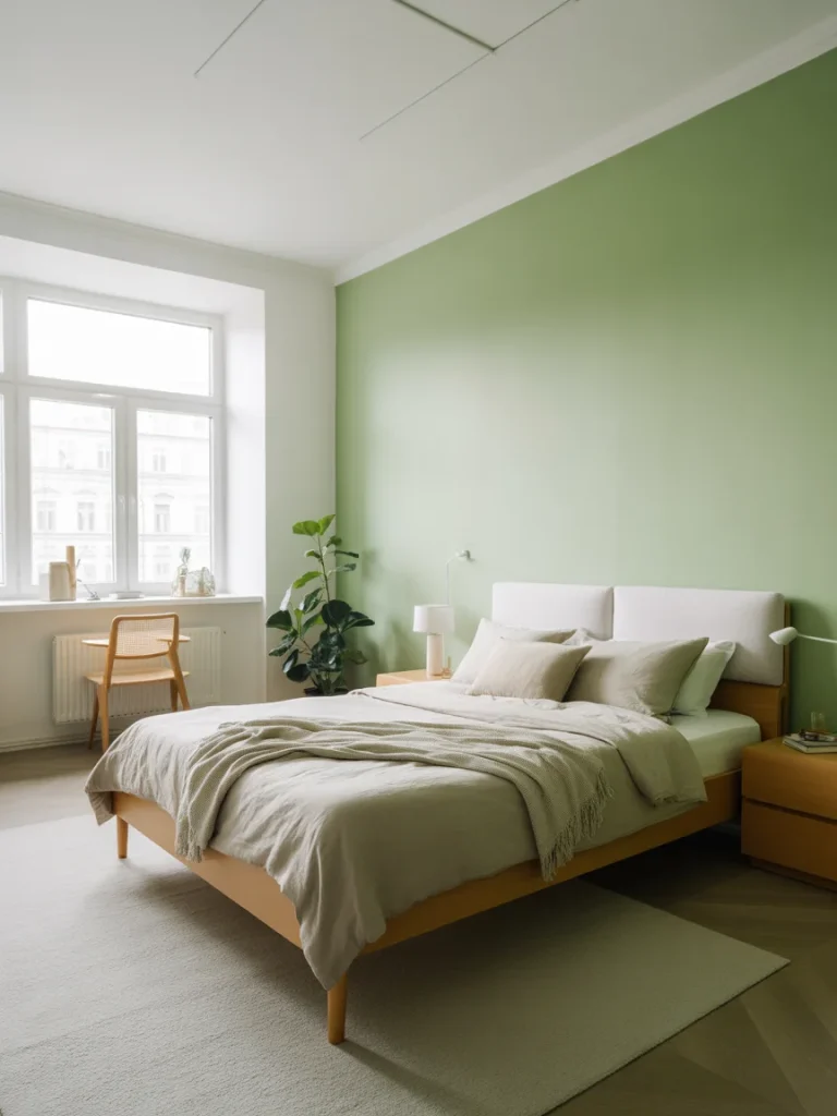 Scandinavian green bedroom with light wood furniture and soft neutral bedding.