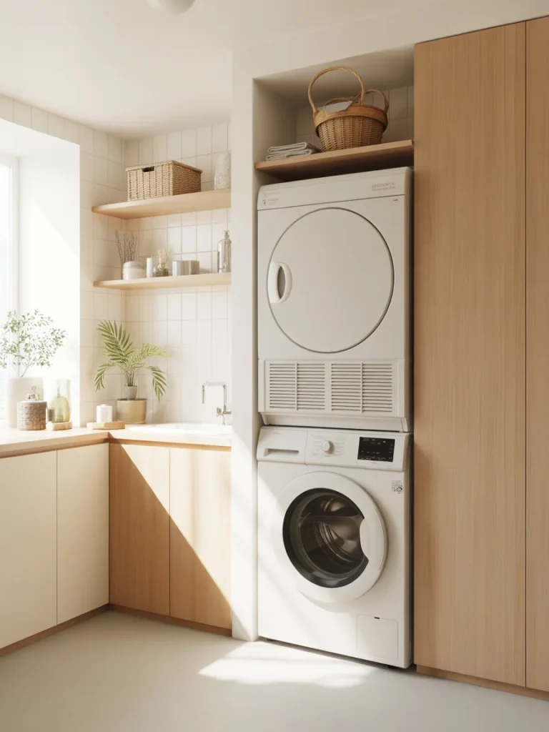 Scandinavian-inspired bathroom with stacked washer and dryer and wooden cabinets.