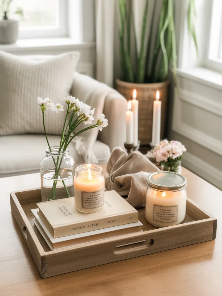 Simple DIY spring tray with candles, books, and flowers.
