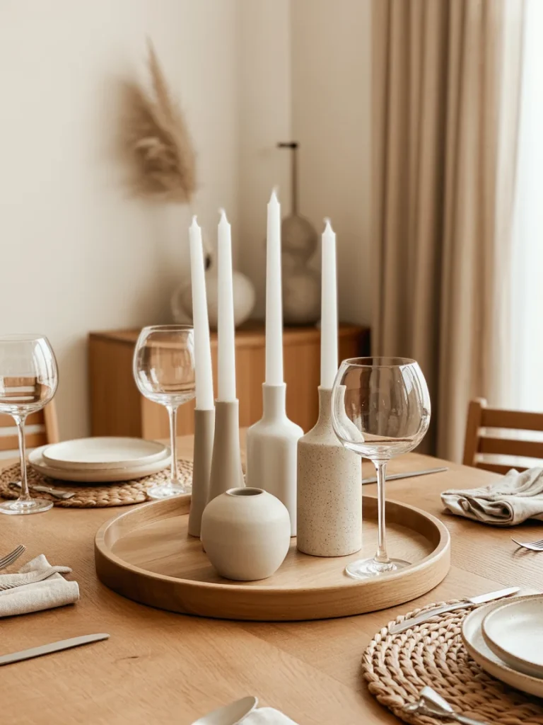 Simple table styling with natural decor, featuring candles, ceramics, and wooden tray.