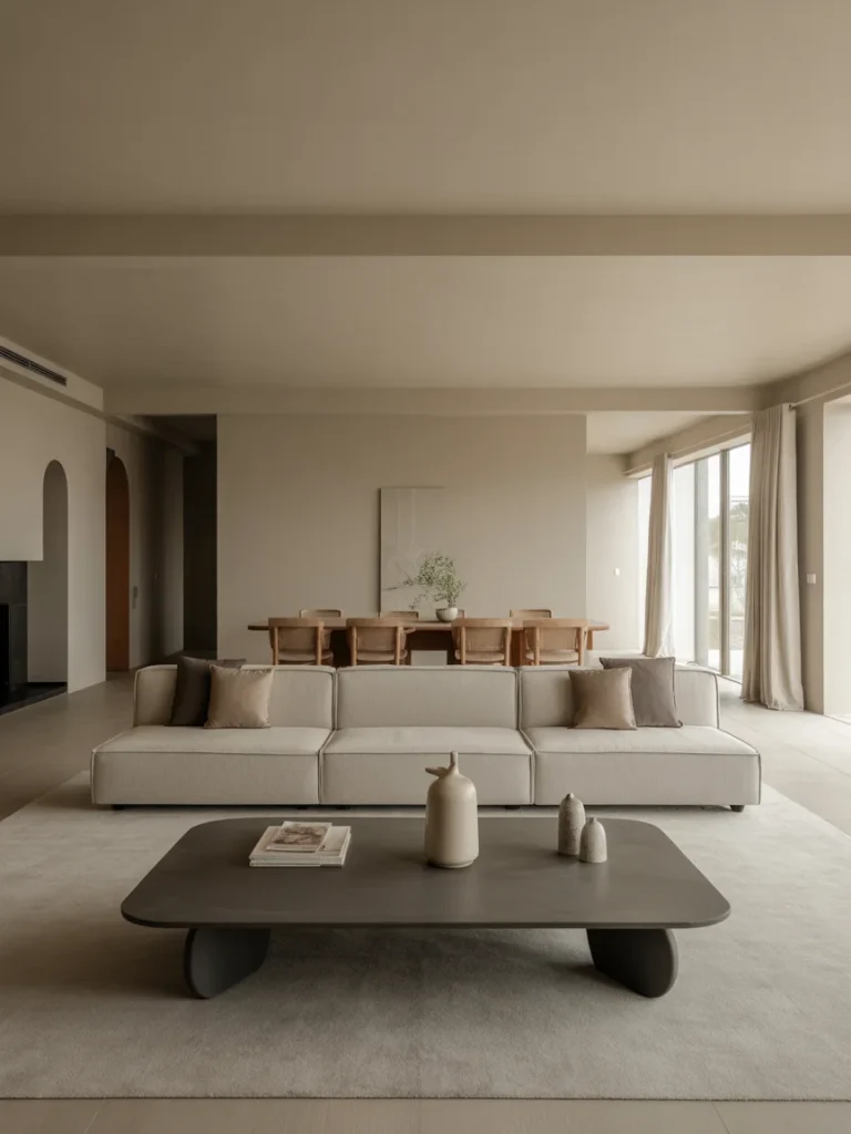 Modern living room with low-profile sofa, minimalist decor, and neutral tones.