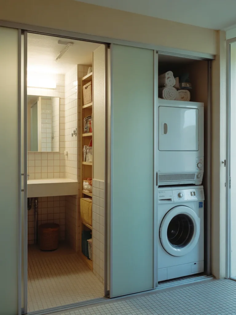 Sliding door laundry closet with stacked washer and dryer in bathroom.