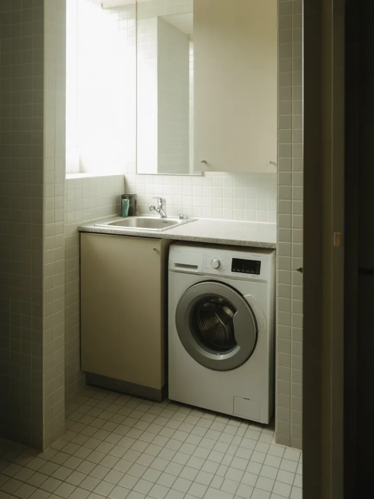 Slim washing machine fitted under a small bathroom counter beside sink.
