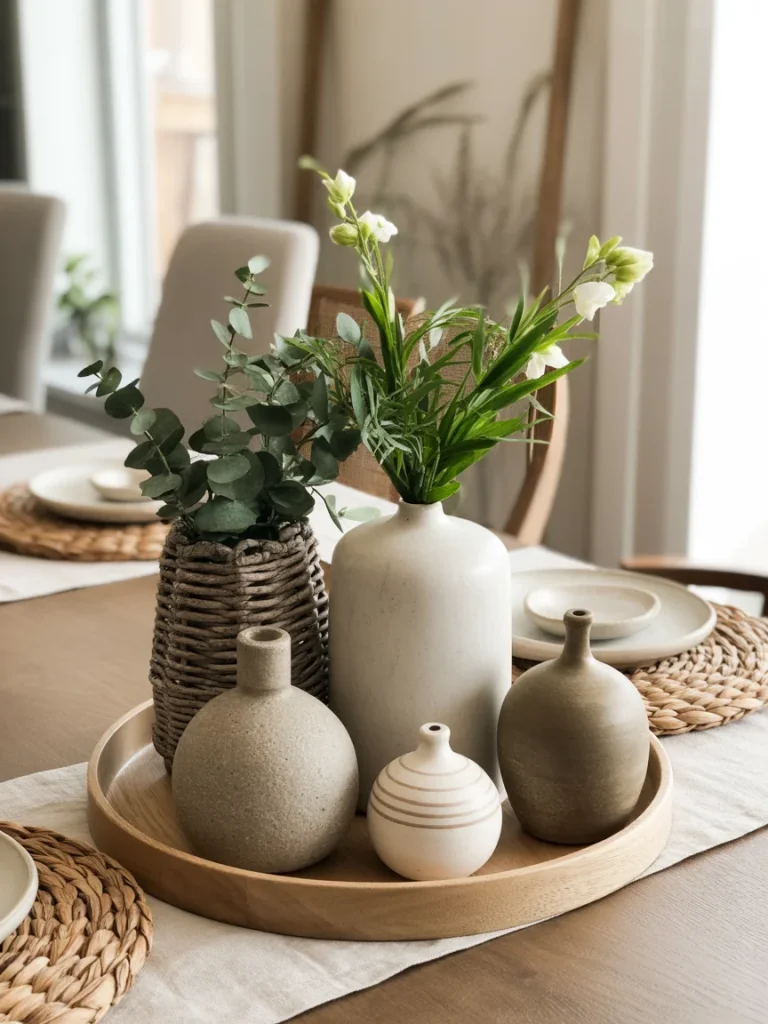 Spring centerpiece with natural textures featuring ceramic vases, greenery, and woven accents on a wooden tray.