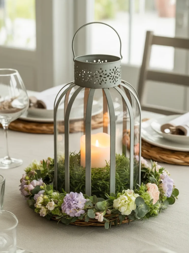 Spring lantern centerpiece with candle surrounded by pastel flowers and greenery on a dining table.