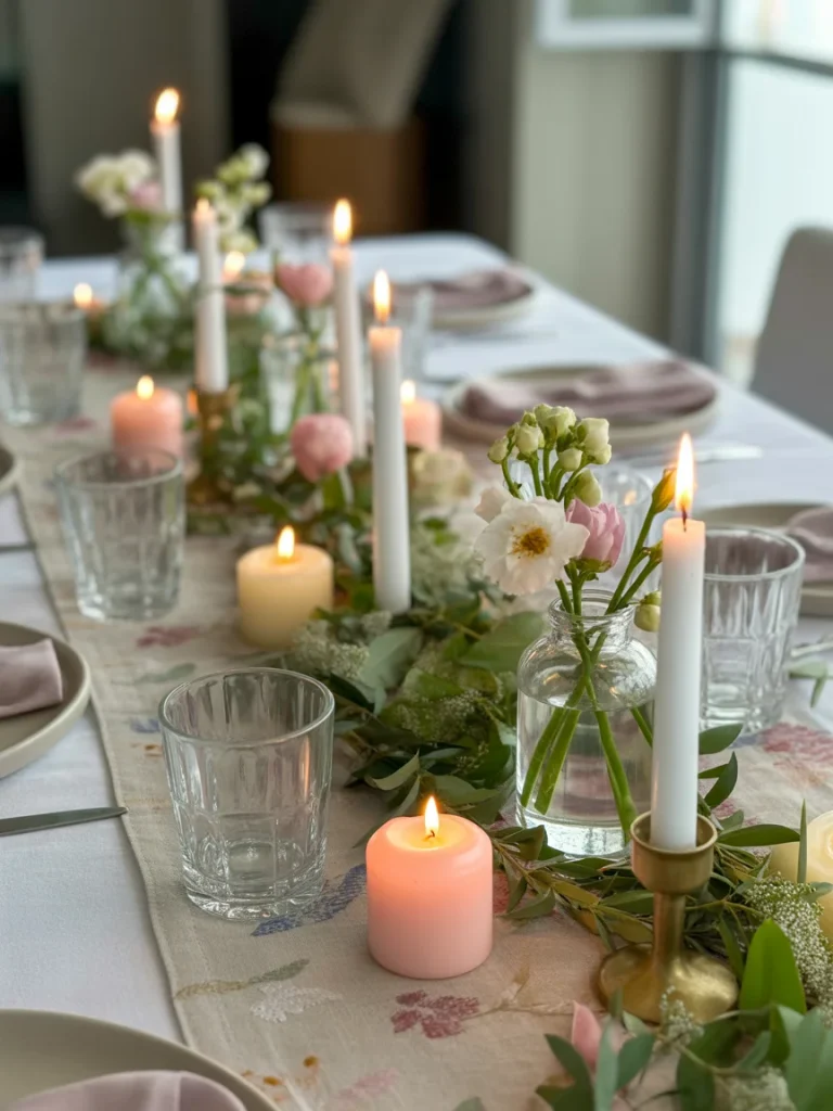 Spring table runner with candles, greenery garland, and small floral arrangements on a dining table.