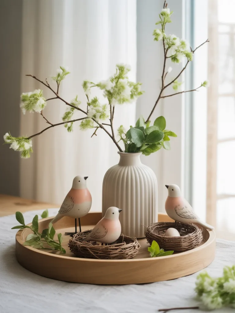 Spring tray with bird decor, branches, and nest accents.