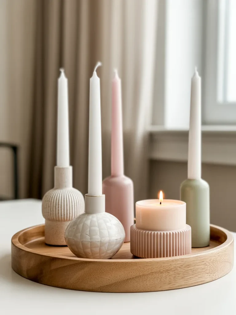 Spring tray with pastel candles and decorative candle holders.