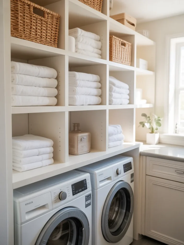 Laundry room open shelves with neatly stacked white towels above washer and dryer.
