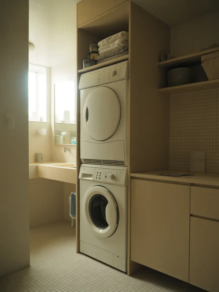 Small bathroom with stacked washer and dryer built into cabinet layout.