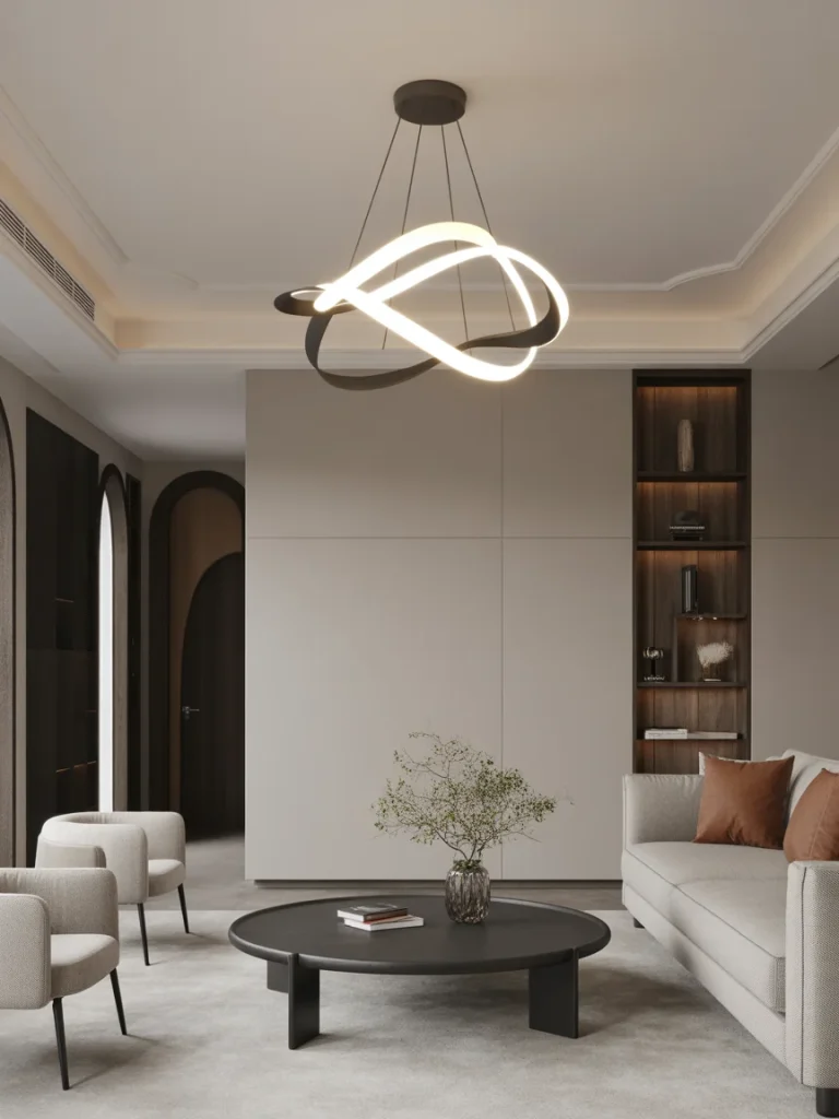 Modern living room with statement chandelier lighting and minimalist decor.