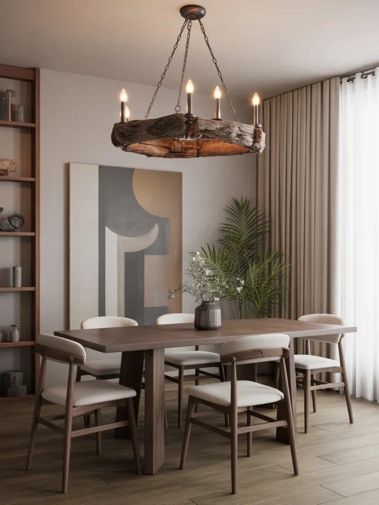 Rustic statement chandelier made of wood hanging above a modern dining table.