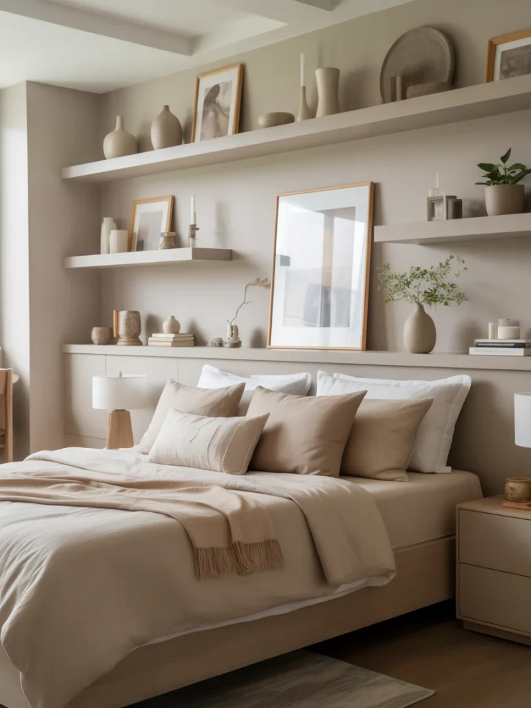 Neutral bedroom with floating shelves styled with minimalist decor.