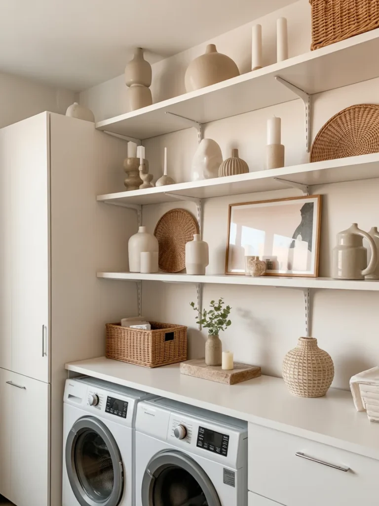 Laundry room shelves styled with neutral decor, vases, and woven accents above washer and dryer.