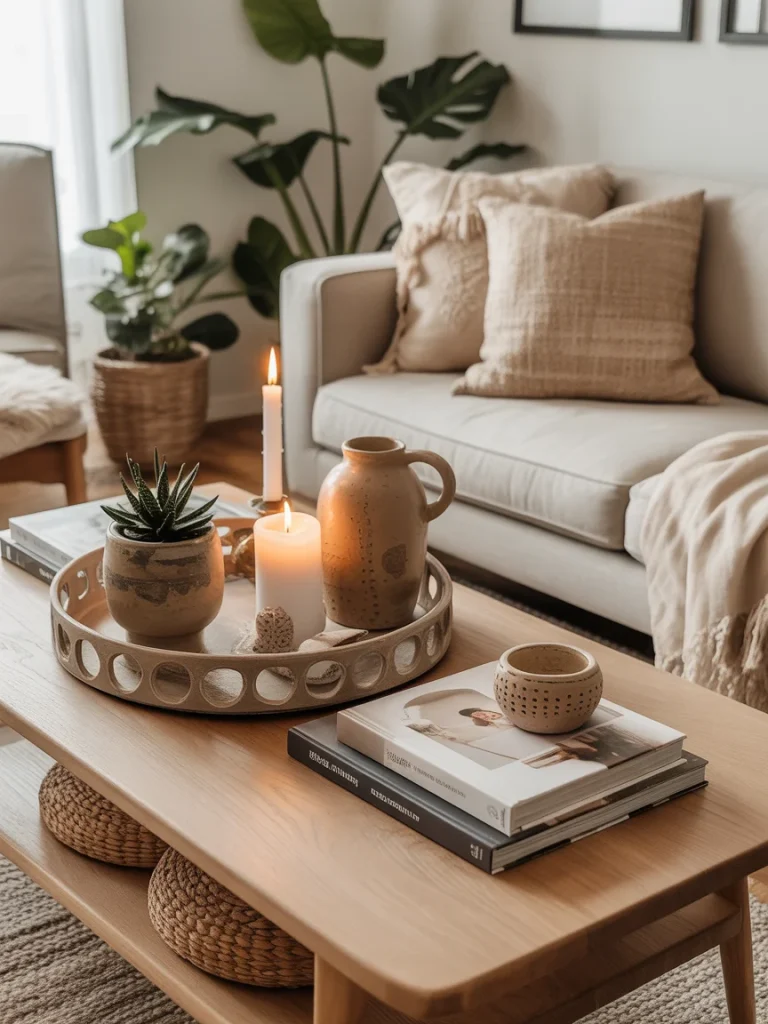 Boho coffee table styled with candles, books, and decorative tray.