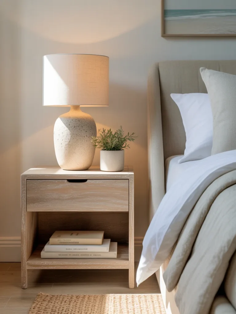 Coastal nightstand styling with ceramic lamp, plant, and light wood table.