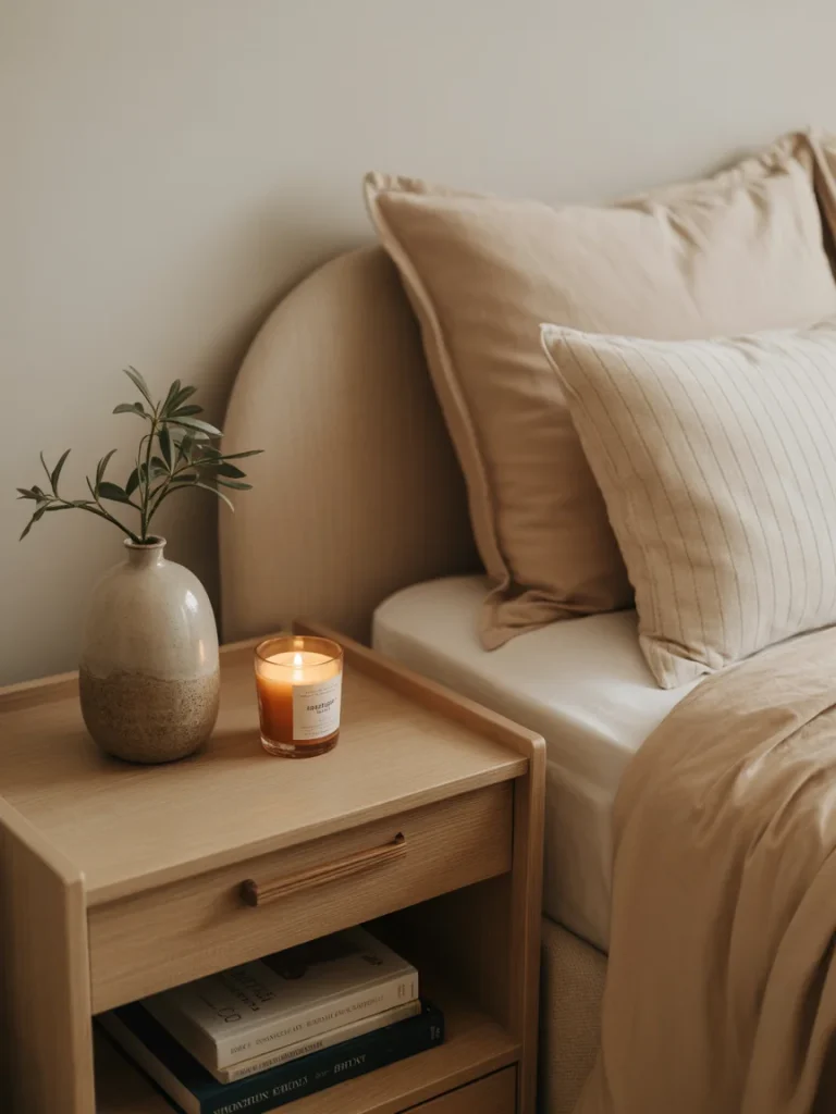 Neutral bedside table with candle, ceramic vase, and minimalist decor.