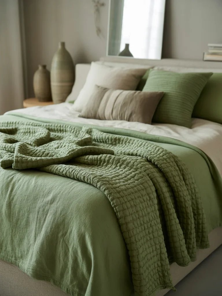 Bedroom with textured green bedding and layered decorative pillows.