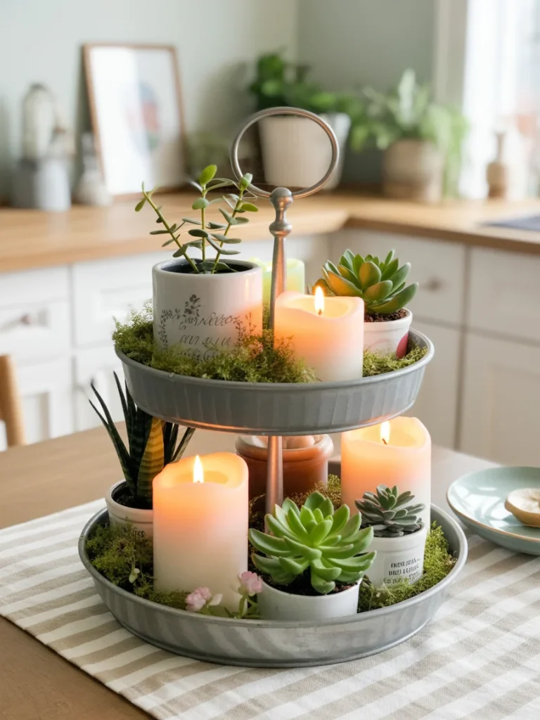 Tiered tray spring centerpiece with candles, succulents, and small potted plants on a dining table.