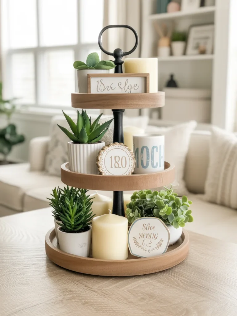 Tiered tray spring display with greenery, candles, and decorative signs.