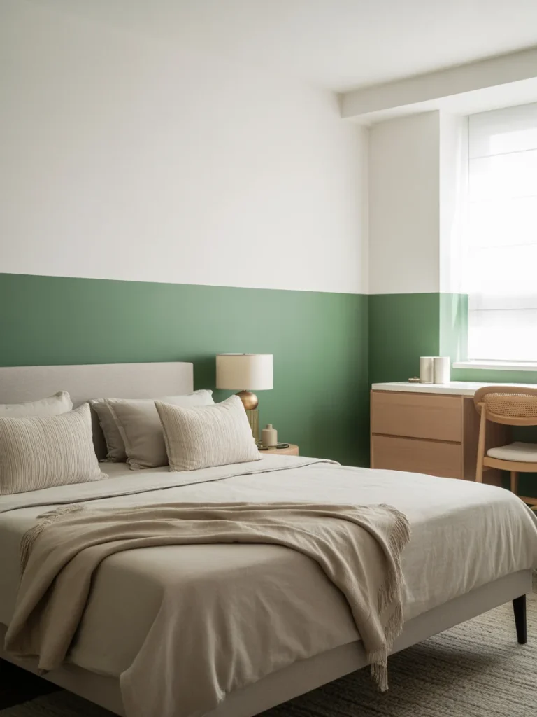 Bedroom with two-tone green and neutral walls and minimalist decor.