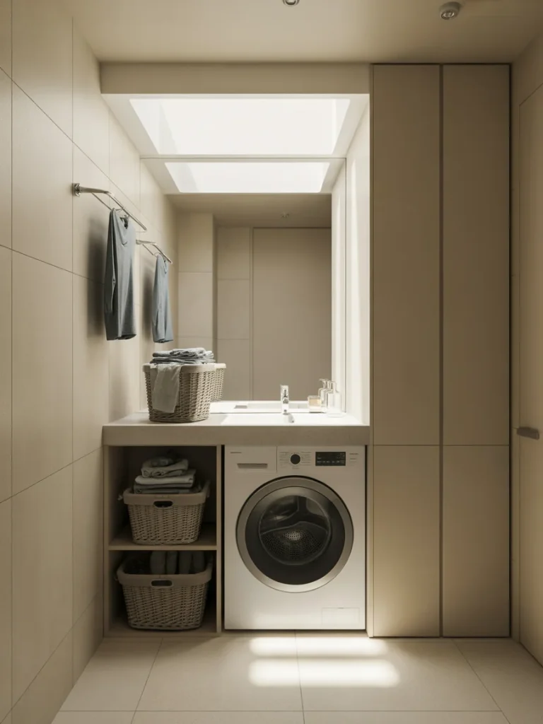 Under-counter washing machine integrated into a small bathroom vanity.