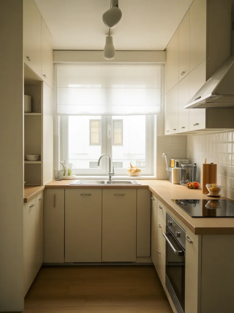 Small kitchen with modern fixtures including sleek faucet, lighting, and minimalist cabinetry.