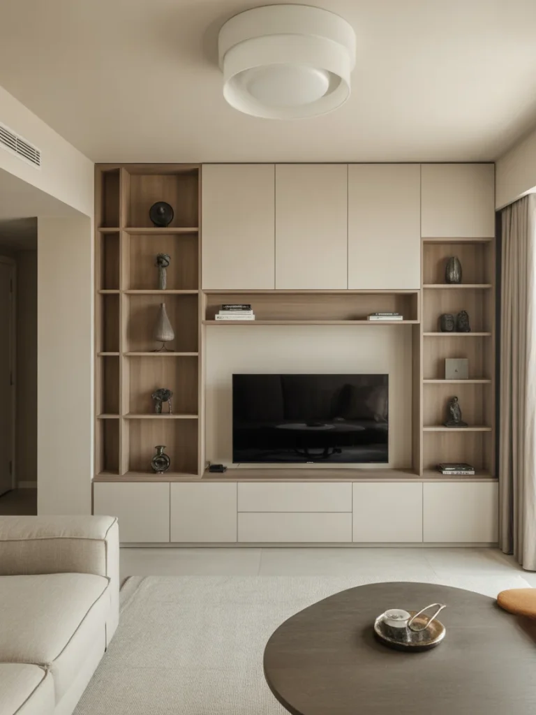 Modern living room with built-in wall storage, open shelves, and integrated TV unit.
