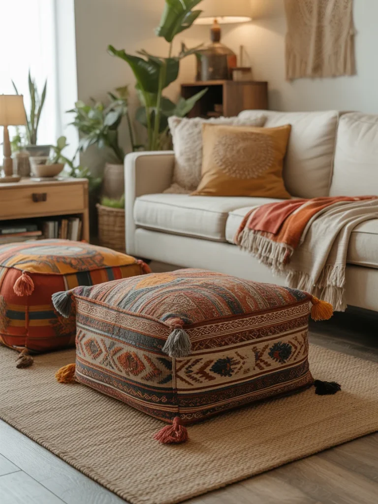 Boho living room with patterned floor cushions for relaxed seating.