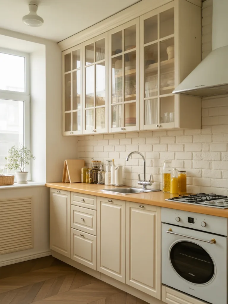 Small kitchen with glass cabinet doors showcasing dishes and adding visual openness.