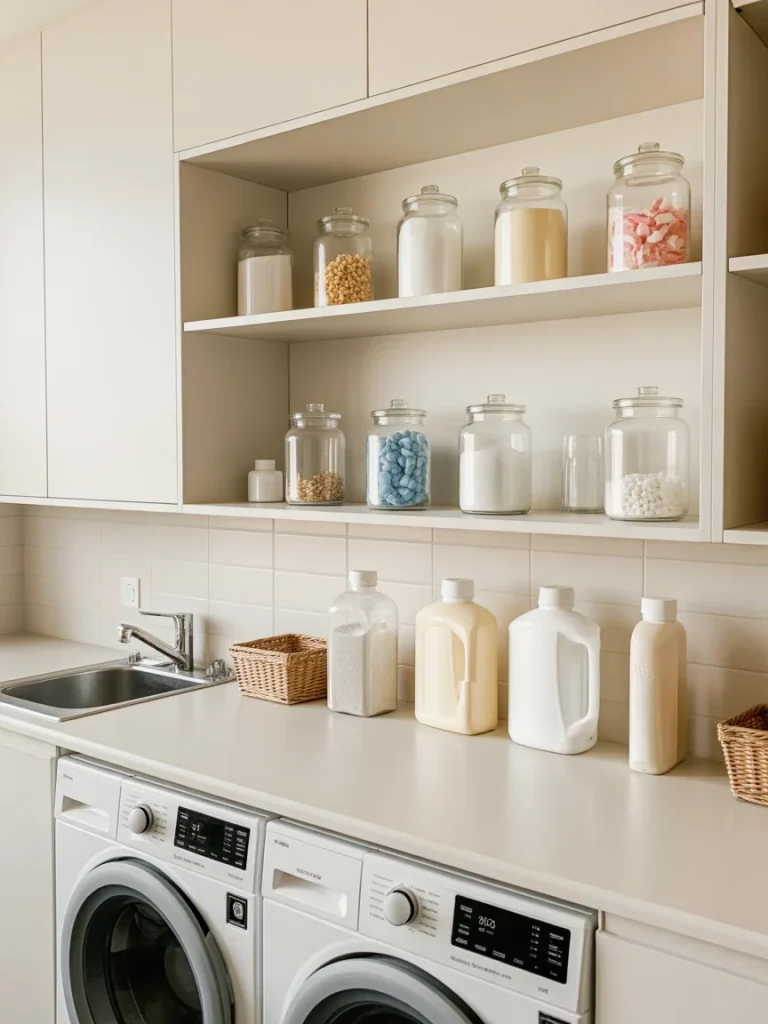 Laundry room shelves with glass jars storing detergent, powder, and laundry supplies above washer and dryer.