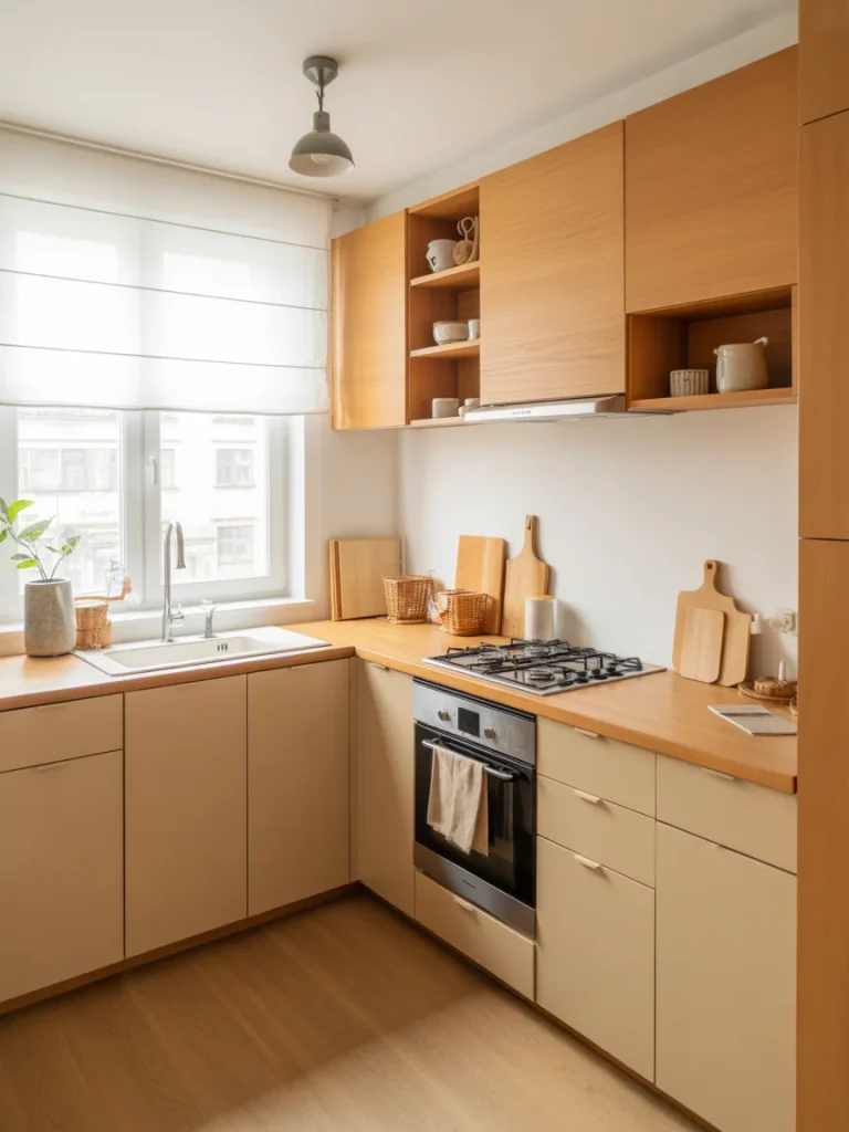 Small kitchen with light wood finishes on cabinets and countertops.