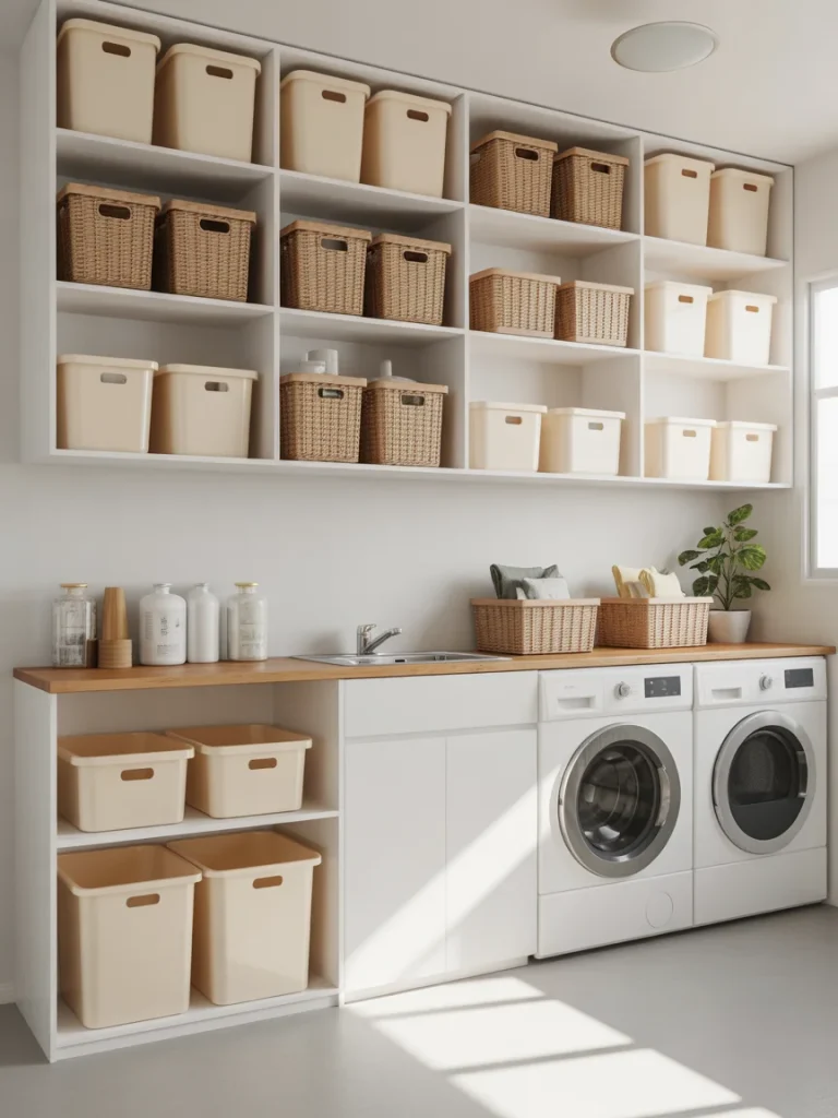 Laundry room with matching storage containers and baskets on open shelves above washer and dryer.