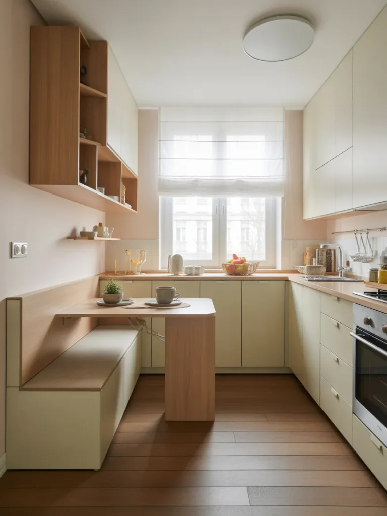 Small kitchen with multi-functional furniture including built-in bench and table.