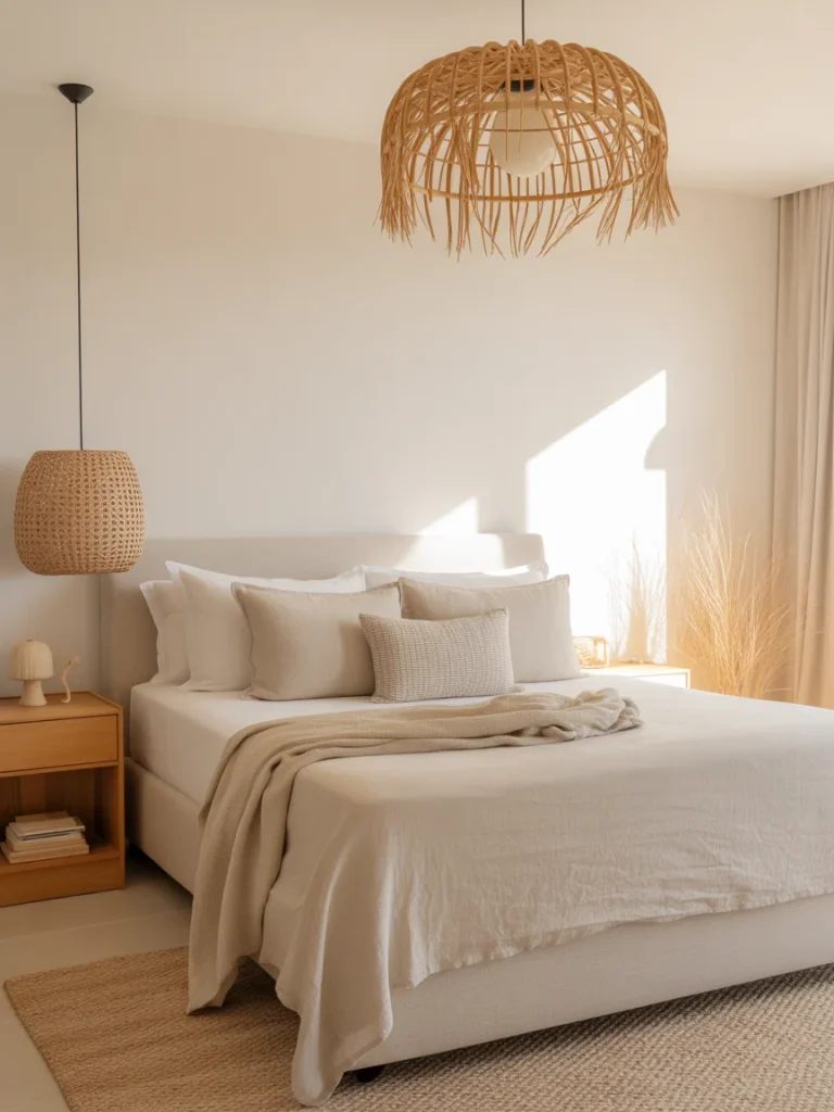 Modern coastal bedroom with woven natural fiber pendant lighting.