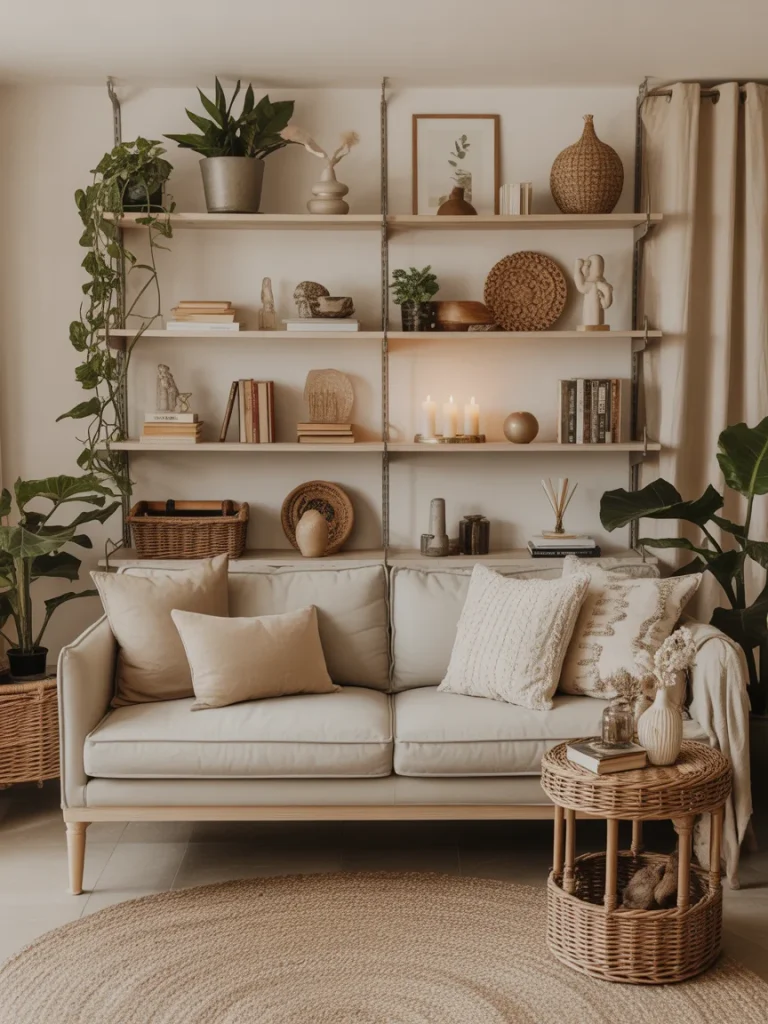 Boho living room with open shelves styled with plants, books, and decor.