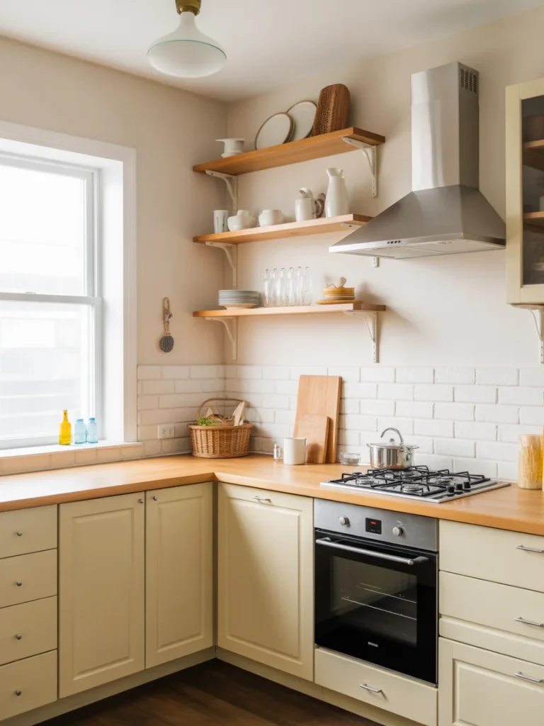 Small kitchen with open shelving instead of upper cabinets and wood countertops.