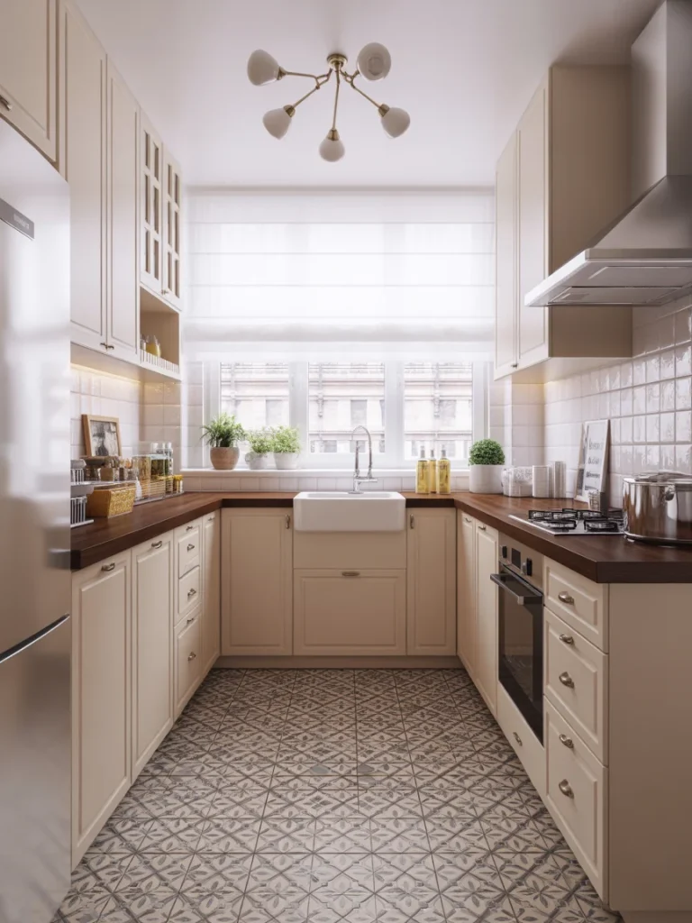 Small kitchen with patterned tile flooring adding visual interest and style.